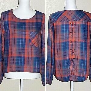 Anthropologie Cloth & Stone Long Sleeve Plaid Tie Back Top Blouse